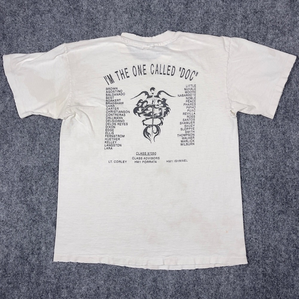 "I'm The One Called Doc" Corps School T-Shirt Men M White Vintage 90s Distressed